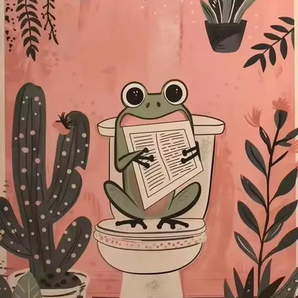 Pink Black Cat Dog Frog on The Toilet Reading Poster Bath Prints Animals Canvas Painting Wall Art Pictures for Toilet WC Decor