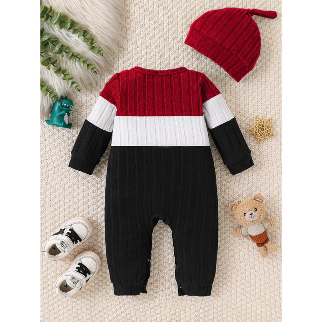3 Colors Autumn Bodysuits Newborn Baby Boy Long Sleeve Color Block Romper+Hat Simple Onesie Jumpsuit for Toddlers 1-18Months