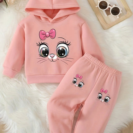 Baby girl cute cartoon cat pattern long sleeved fleece hooded sweatshirt+casual simple pants set, spring and autumn two-piece se