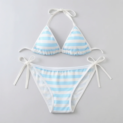 Kawaii Japanese Anime Cosplay Lingerie Bikini Set Blue White Striped Triangle Bra Tie Side Panty Sweet Lolita Underwear