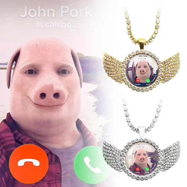For John Pork Is Calling Answer Call Phone Humor Funny Pig Lover Graphic The Moon Necklace Angel Wings Pendant Necklace Jewelry