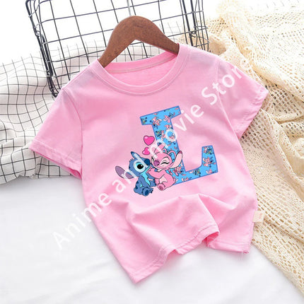 Stitch Disney T Shirt for Girls Children Clothes Tops Children's Clothing Letter A-Z Cotton Short Sleeve Summer Child Cute Gifts