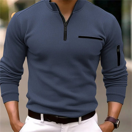 New men's long-sleeved striped POLO shirt with zipper collar, retro style sports and outdoor casual tops