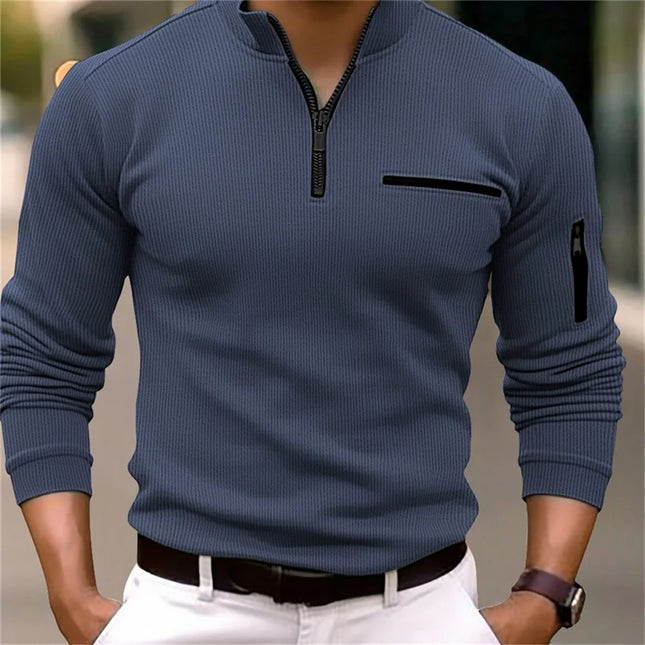 New men's long-sleeved striped POLO shirt with zipper collar, retro style sports and outdoor casual tops