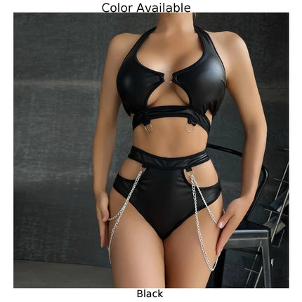 Women Halter Neck Lingerie Set, Faux Leather Wet Look, Sexy Hollow Bra Cutout, Chain Briefs, Nightwear, Clubwear Black