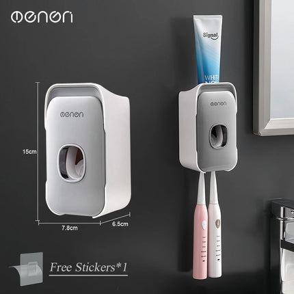 MENGNI Toothpaste Dispenser Wall-Mounted Bathroom Toothpaste Squeezer Punch-Free Toothbrush Holder Rack manual operation
