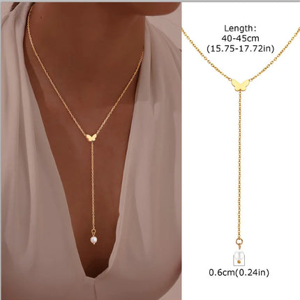 Gold Plated Stainless Steel Lariat Necklace, Dainty Long Layered Necklace for Women Girls, Y-Shaped Drop Pendant