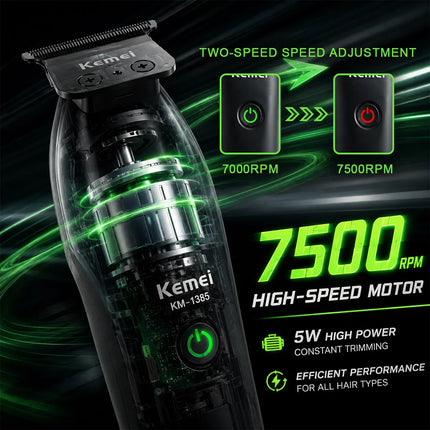 Kemei KM-1385 Trimmer for Men T-Blade 7500RPM 5W DC Motor with Dock LED Display Professional Hair Clipper Finishing Machine