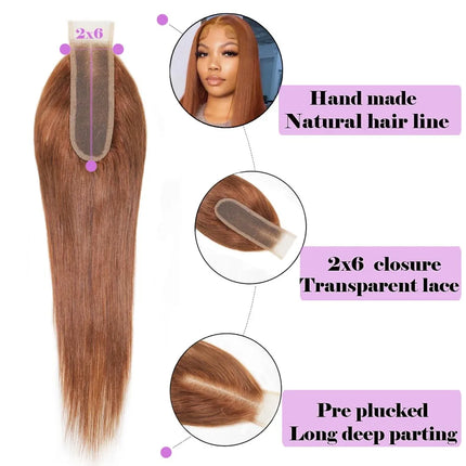 #30 Brown Straight 2x6 Human Hair Lace Closure Long Deep Parting Brazilian Virgin Hair 10-22 Inch 150% Density Full End