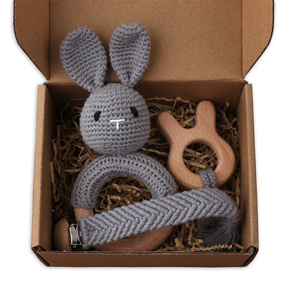 3Pcs/set Infants Shower Gift Baby Pacifier Chain Clip Beech Teether Wooden Teething Ring Newborn Crochet Animal Rabbite Rattle