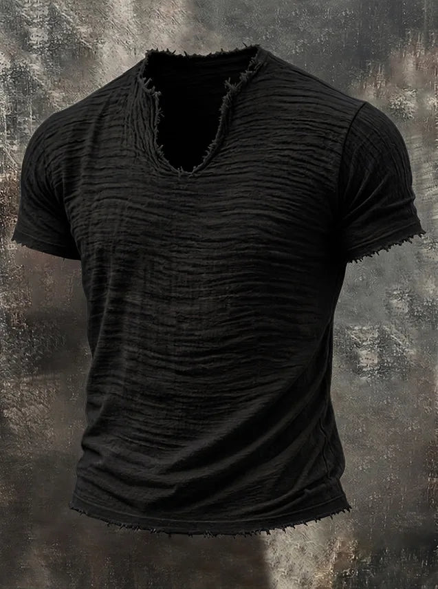 Men Frayed V Neck Short Sleeve T Shirt Wrinkled Texture 100% Cotton Minimalist Casual Solid Color Tees For Daily Wear