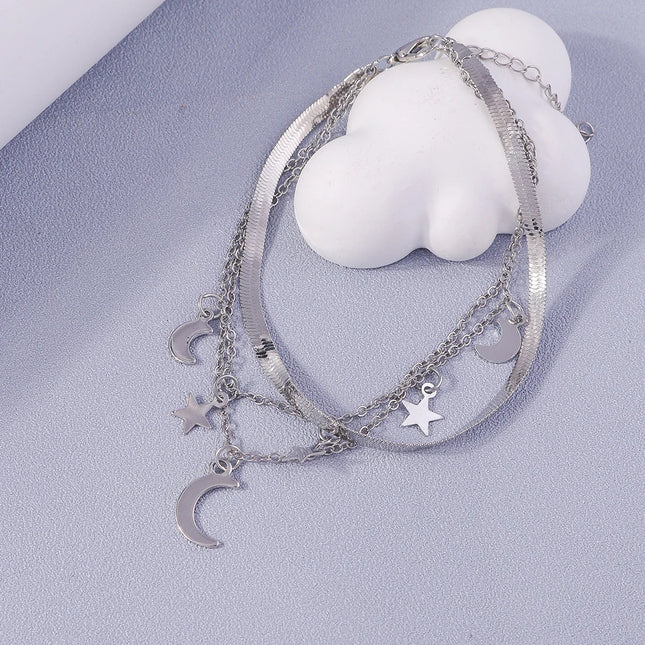 New Silver Color Anklets for Women Girls Multiple Layers Moon Star Ankle Bracelet Chain Foot Jewelry Gift