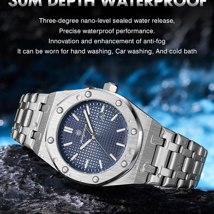 PAAZOMU Luxury Business Watches for Men Date Week Stainless Steel Quartz Man Watch Waterproof Luminous Fashion Men's Wristwatch