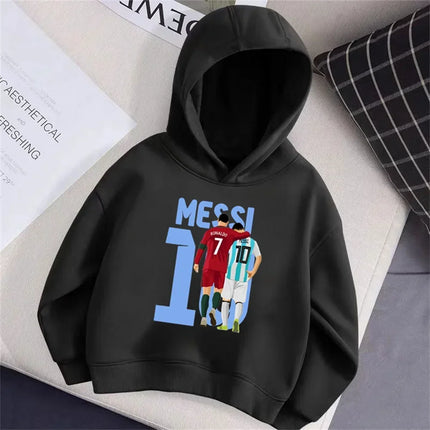 Football Star Messi Print Cartoon Children Hooded Sweatshirt Boy Girl Autumn Winter Daily Outdoor Casual Loose Warm Sportswear