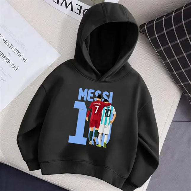 Football Star Messi Print Cartoon Children Hooded Sweatshirt Boy Girl Autumn Winter Daily Outdoor Casual Loose Warm Sportswear