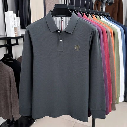 100% Pure Cotton Men's Autumn Spring Polo Long Sleeve Luxury Stylish Commuting Casual High-end Comfort Delicate Embroidered Top
