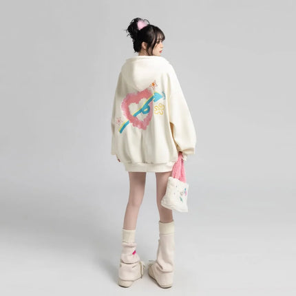 Fashion Zip Up Hoodies Women Autumn Long Sleeve Cartoon Tops Loose Hood Shirt Harajuku Y2K Clothes Female Sweatshirt Jacket