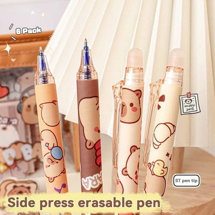Capybara Erasable Pens 6pcs Refillable Ink Gel Pen Smudge-Free Cute Animal School Supplies for Students Office Stationery Gifts