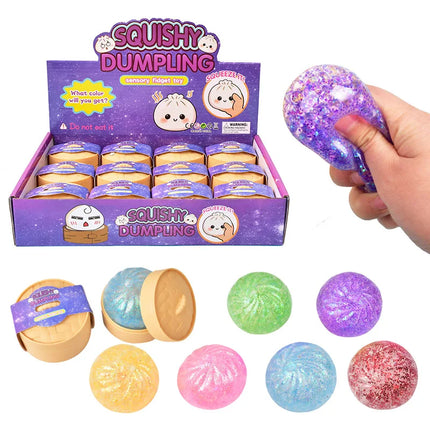 Color Glitter Dumpling Squishes Stress Balls Fidget Sensory Toys Simulation Food Squishies Bun with Steamer Squeeze Dough Gifts