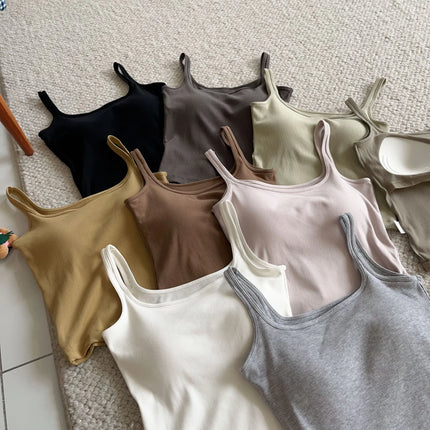 Women's Vest with Built-in Bra Pad Elastic Ribbed Square Collar Csole Tank Top ort Length  Color Versatile Summer F...