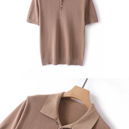 2025 Spring/Summer New Men's Short Sleeved 100% Cotton T-Shirt Sweater POLO Collar Loose Knit Pullover Business Casual Tops