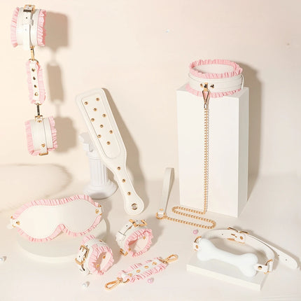 6PCS BDSM Bondage Set White Maid Role Play Restraints Kit SM Fetish Toys Handcuff Slave Blindfold Collar For Couples Sex Games