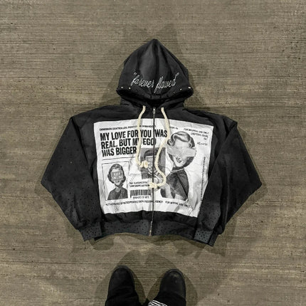 Vintage Portrait Letter Printed Funny Long Sleeve Loose Zipper Hoodies Y2K Autumn Winter Fashion Hip Hop Punk Grunge Casual Coat