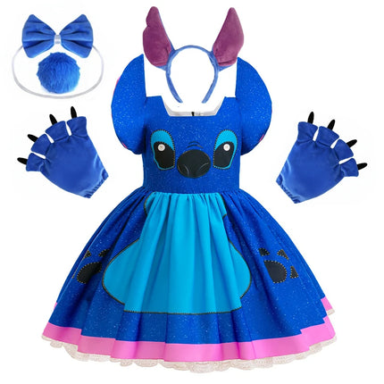 Lilo Stitch Dress Girls Disney Stitch Cartoon RolePlay Carnival Costume 2-10 Yrs Kids Cartoon Printing Halloween Party Outfits