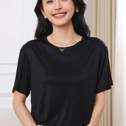 Summer Women's Short Sleeve O-Neck T-Shirt Knitted Acetate Fabric High-End Thin Pullover Top for Ladies