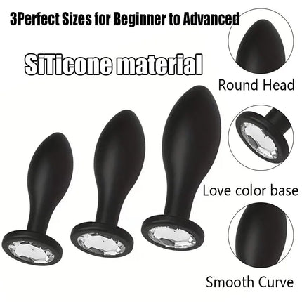 Soft Silicone Personal Wellness Kit 3 Sizes Anus plug , Ergonomic Shape, Sparkling Gem Base sex toy