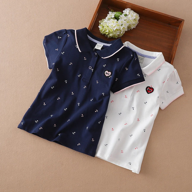 Children Polo Shirts Summer Short Sleeved Baby Girls Print Tee Top Shirt School Clothing 4T-12T Kids Cotton Tshirts