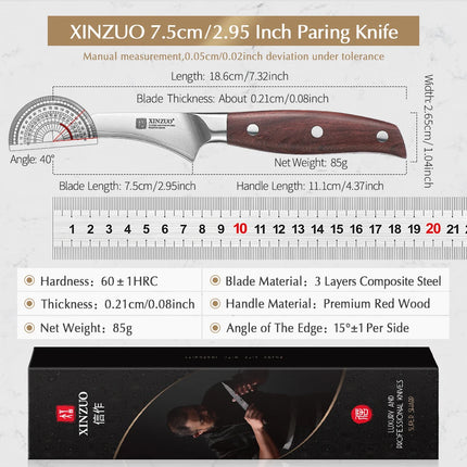 XINZUO Household Kitchen Knife Customized 3” Paring Knife 3 Layers Clad Steel High Quality Red Wood Handle Fruit Peeling Knife
