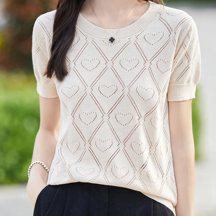 New Summer Fashion 100% Pure Cotton Women's Sweater Short sleeved Casual O-neck Pullover T-shirt Loose Knitted Hollow Top