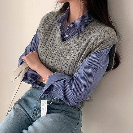 Spring High Waist Slim Fit Striped Shirt Women's Button up Polo Collar Cotton Polyester Blend Fashionable Korean Style