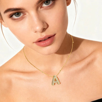 SUNSLL Cubic Zircon A-Z 26 Bubble Letter Necklace 2 Sizes Gold Plated M Chunky Balloon Initials Pendant Women Chain Jewelry 2024