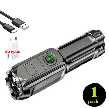 Powerful LED Camping Torch Flashlight High Power Rechargeable USB Waterproof Spotlight Telescopic Zoom Fishing Hunting Work Lamp