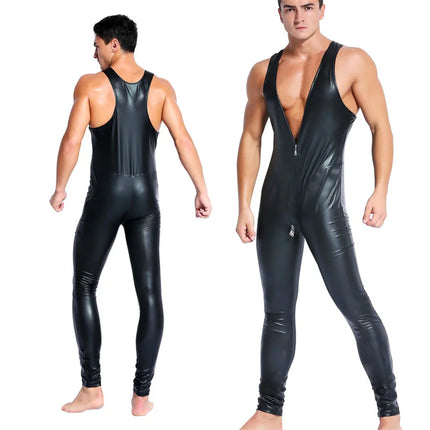 Men Sexy Shiny PVC Faux Leather Bodysuit Front Zipper Open Crotch Wet Look Latex Jumpsuits Stretch Bodystocking Erotic Clubwear