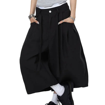 Mauroicardi Spring Summer Loose Soft Baggy Black Scimitar Wide Leg Shorts for Men High Waist Sashes Knee Length Pants Clothes