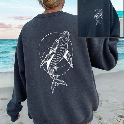 Humpback Whale Printing Sweatshirts Women Casual Crewneck Hoodies Winter Fleece Warm Pullover Loose Comfortable Womans Clothes