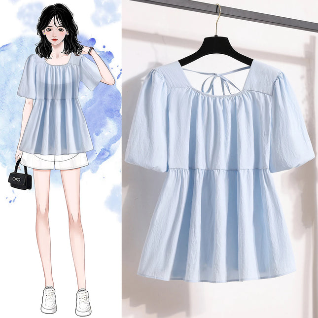 Plus Size Shirts & Blouses Women Summer 2025 New Arrival Korean Fashion Tops Short Puff Sleeve Loose Sweet Blouse Woman L-4XL