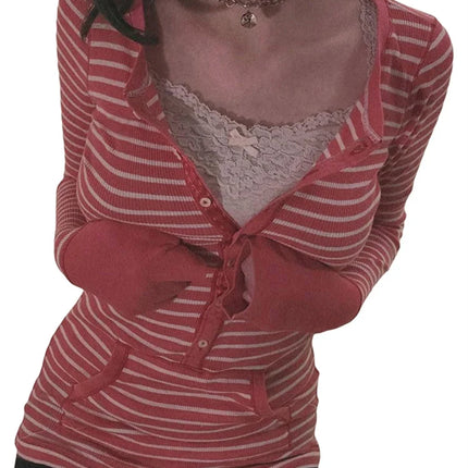 Women Autumn Tops Long Sleeve Button Neck Stripe Knit Shirts Y2K Aesthetic T-shirt 2000s Casual Gothic Grunge Tops
