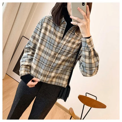 Korean Style 2024 Early Autumn Collection Loose Fit Vintage Hongkong Flair Plaid Striped Long Sleeve Shirt Women's Thickened Inn