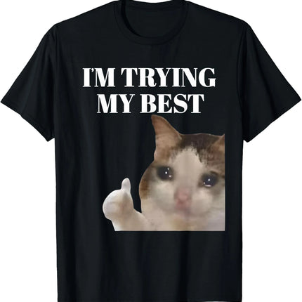Sad Cat Emoji T-Shirt Humorous Letter Print Women's Black Short-Sleeved Casual Loose-Fit Basic Crew Neck Top for Daily Wear