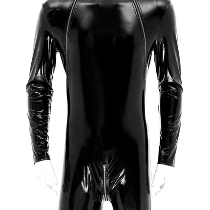 Latex Leotard Bodysuit Men's One Piece Wet Look PVC Leather Zipper Crotch Jumpsuit Romper Long Sleeve Wrestling Singlet Clubwear