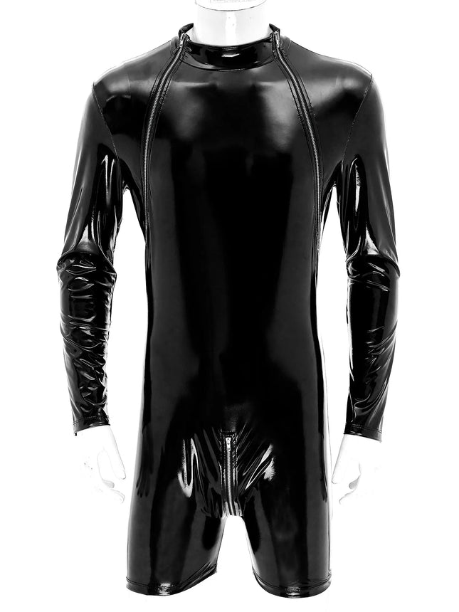 Latex Leotard Bodysuit Men's One Piece Wet Look PVC Leather Zipper Crotch Jumpsuit Romper Long Sleeve Wrestling Singlet Clubwear