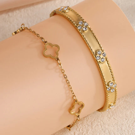 Women's Fashion Stainless Steel Four Leaf Flower Bracelet Set Stacking Design For Party Daily Jewelry Accessory