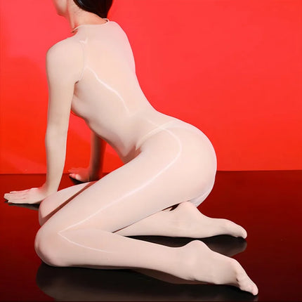 Unisex Glossy Lingerie Onesie Sheer Five Finger Gloves Full Bodystocking Sexy Transparent Oil Shiny Catsuit Crotchless Jumpsuit