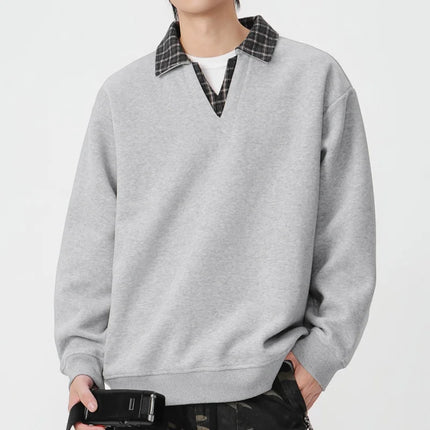 Retro Plaid Polo Neck Sweatshirt for Men and Women Heavyweight Cotton Soft Fake Two-Piece V-Neck Long Sleeve