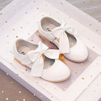 Girls Leather Shoes with Big Bow-knot Princess Sweet Classic Fashion Children Party Shoes White for Wedding Soft Anti-slippery