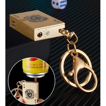Metal Poker Keychain Pendant Inflatable Lighter Mini Compact Side Slip Butane Open Fire Outdoor Portable Lighter Men's Gift